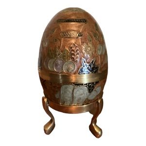 Brass Enamel Coated Lidded Egg On Stand Burnt Orange Floral Black Silver MCM VTG